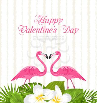 Illustration Cute Card with Pink Flamingos and Green Leaves for Valentines Day - Vector