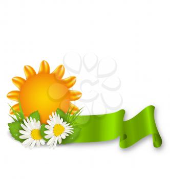Illustration Happy Summer Background with Chamomiles Flowers and Ribbon - Vector