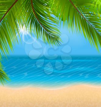 Illustration Natural Background with Palm Leaves and Beach. Template of Poster for Summer Holidays - Vector