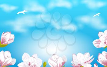 Illustration Summer Background with Beautiful Magnolia Flowers on Cloudy Sky - Vector