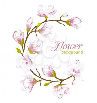 Illustration Round Frame Made of Beautiful Magnolia Flowers. Wedding Card - Vector