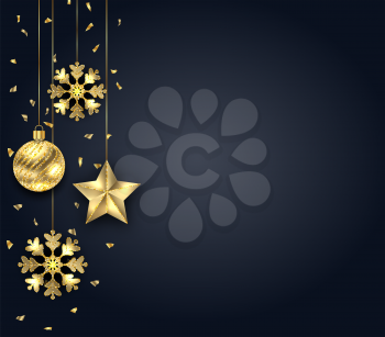 Christmas Dark Background with Golden Baubles, Greeting Banner - Illustration Vector