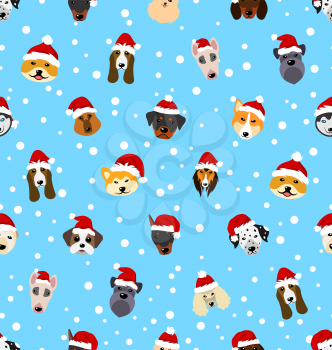 Seamless Pattern with Different Breeds of Dogs in Hats of Santa Claus, Symbols New Year  - Illustration Vector
