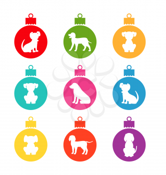 Colorful Christmas Balls with Different Dogs. Set Simple Balls Isolated on White Background - Illustration Vector