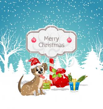 Funny Dog Wearing Santa Hat with Christmas Gift Boxes. Winter Nature Snowing Background - Illustration Vector
