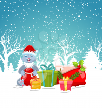 Christmas Bunny with Present Gift Boxes, Santa Bag, Xmas and New Year Background, Winter Time - Illustration Vector