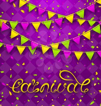 Hand Drawn Lettering for Carnival Party with Bunting Pennants. Poster, Card, Banner, Template, Festive Colorful Invitation - Illustration Vector