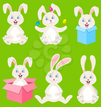 Collection Happy Easter Bunnies with Eggs, Gift Boxes, Cute Rabbits - Illustration Vector