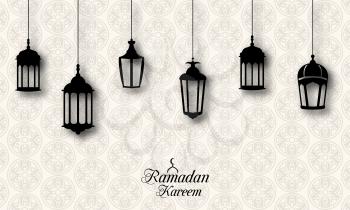 Ramadan Kareem Celebration Background with Traditional Lanterns (Fanoos) - Illustration Vector