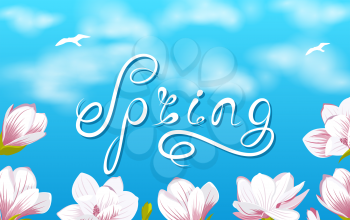 Spring Background with Beautiful Magnolia Flowers, Lettering, Headline - Illustration Vector