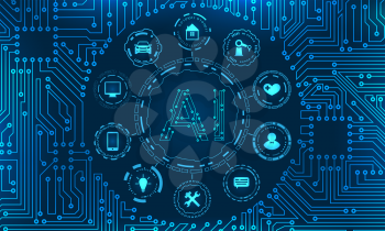 AI (Artificial Intelligence), Circuit Background, Nanotechnologies, Global Network Technology - Illustration Vector
