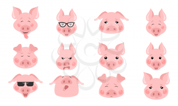 Collection of Cool Funny Pig Emoticon Characters in Different Emotions - Illustration Vector