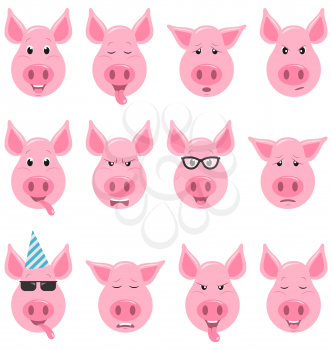 Heads of Cool Funny Pig Emoticon Characters, Funny, Cool, Angry, Sad. Collection Avatars - Illustration Vector