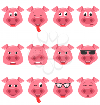 Heads of Cool Funny Pig Emoticon Characters, Happy, Cool, Angry, Tired Emotions. Set Avatars - Illustration Vector