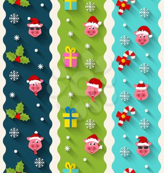 Seamless New Year Decoration with Cartton Smile Pigs - Illustration Vector