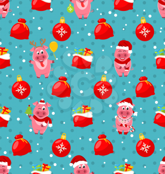 Seamless Pattern with Cartton Pigs, Christmas Bag, Balls, Presents - Illustration Vector