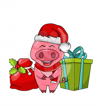 Christmas Funny Pig in Santa's Hat and Scarf with Gift Box and Bag - Illustration Vector