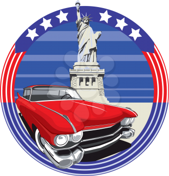 Royalty Free Clipart Image of a Vintage Car and the Statue of Liberty