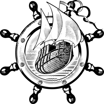 Royalty Free Clipart Image of a Ship in a Steering Wheel