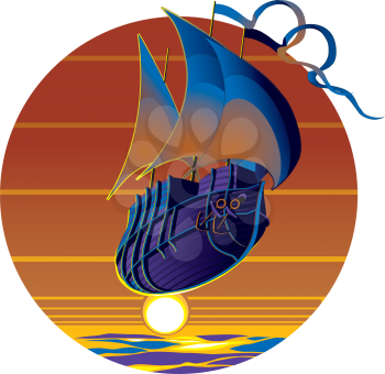 Royalty Free Clipart Image of a Flying Ship on a Sunset Background