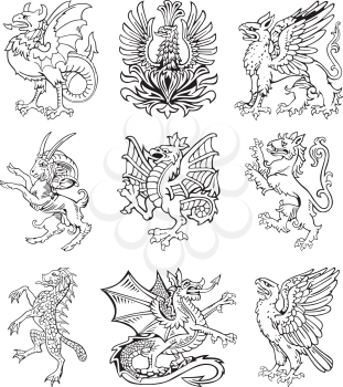 Vectorial pictograms of most heraldic monsters, executed in style of gravure on wood. No dlends, gradients and strokes.
