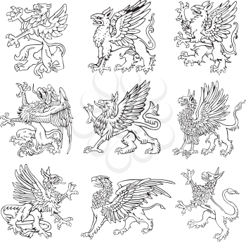 Vectorial pictograms of most heraldic monsters - gryphons, executed in style of gravure on wood. No dlends, gradients and strokes.