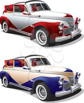Detailed image of hot rod, executed in two colors variants, isolated on white background. File contains gradients. No blends and strokes.