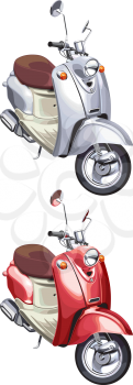 vectorial image of vintage scooter, executed in two variants of color. Every scooter is in separate layer. No blends and gradients.