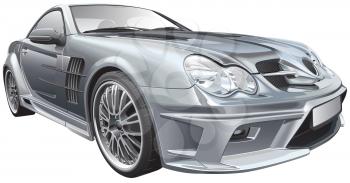 High quality photorealistic illustration of silver customized compact roadster, isolated on white background. 