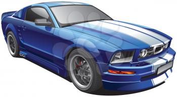 High quality photorealistic illustration of blue modern pony car with white racing stripes, isolated on white background. 
