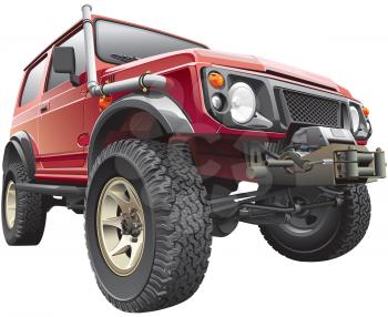 High quality photorealistic illustration of red rally jeep with truck-body hoist, isolated on white background. 