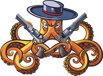 Vector colourful illustration of octopus in the broad-brim with two handguns in his tentacles, isolated on white background. File doesn't contains gradients, blends, transparency and strokes or other special visual effects. You can open this file with any vector graphics editors.