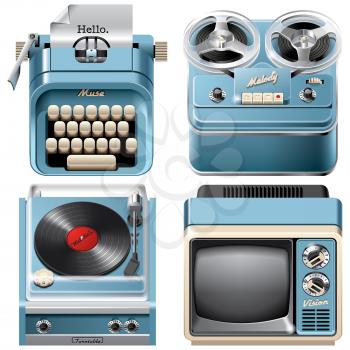 Vector icons of vintage devices: reel-to-reel audio tape recorder, mechanical desktop typewriter, television receiver and turntable, isolated on white background. File contains gradients, blends and transparency. No strokes.