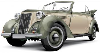 High quality vector image of European prewar luxury convertible with open roof, isolated on white background. File contains gradients, blends and transparency. No strokes. Easily edit: file is divided into logical layers and groups. Please note that not all vector graphics editors support visual effects by Adobe Illustrator.