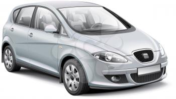Detail vector image of silver Spanish compact MPV, isolated on white background. File contains gradients, blends and transparency. No strokes. Easily edit: file is divided into logical layers and groups.