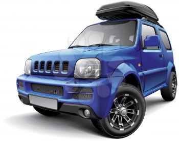 High quality vector image of Asian off-road mini SUV with roof bag, isolated on white background. File contains gradients, blends and transparency. No strokes. Easily edit: file is divided into logical layers and groups. 