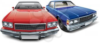 High quality vector image of two vintage American automobile - red coupe convertible and blue hardtop coupe, isolated on white background. File contains gradients, blends and transparency. No strokes. Easily edit: file is divided into logical layers and groups.