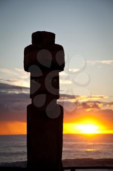 Royalty Free Photo of an Easter Island Statue at Sunset