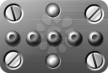 Royalty Free Clipart Image of Screws and Rivets on a Metal Plate