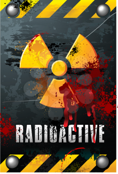Royalty Free Clipart Image of a Radioactivity Sign on Brushed Metal Plate With Blood Splats