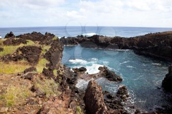 Easter Island rocky coast line under blue sky