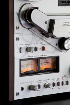 Close up of Analog Stereo Open Reel Tape Deck Recorder controls