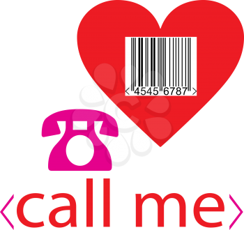 Royalty Free Clipart Image of a Heart With a Bar Code, a Telephone and the Words Call Me