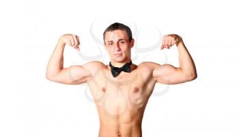 handsome guy is flexing muscles on white