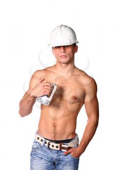 handsome guy shirtless in hard hat and staple gun isolated on white