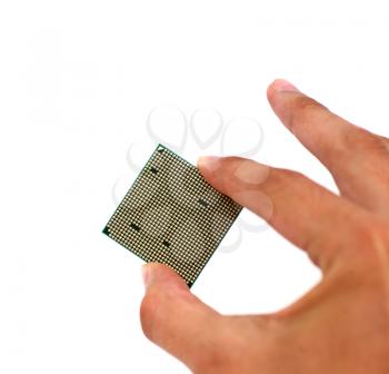 back of the microprocessor  in hand isolated on white background