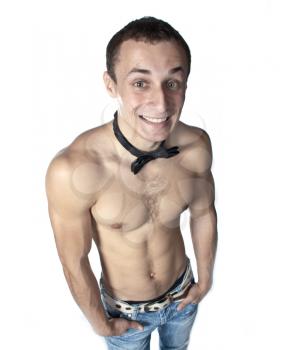 handsome guy shirtless with bow tie having fun (low saturation toning)