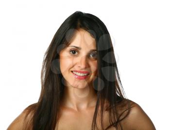 face of pretty brunette with long hairs isolated on white