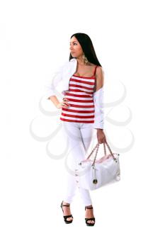 young brunette woman in red and white striped shirt isolated