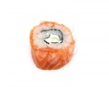 one fresh sushi roll isolated on white